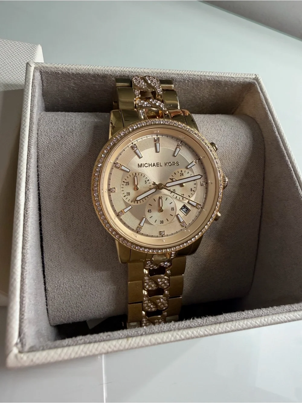 Michael Kors Gold-Tone Crystal Accent Chronograph Bracelet Watch
